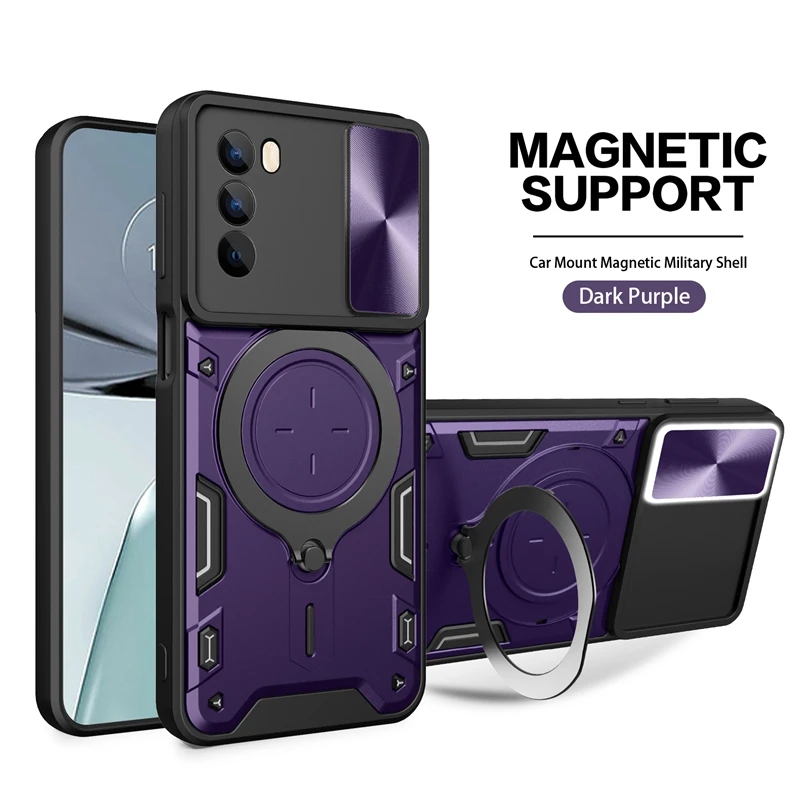 Magnetic Holder Ring Shockproof Armor Phone Case with Slide Camera Cover