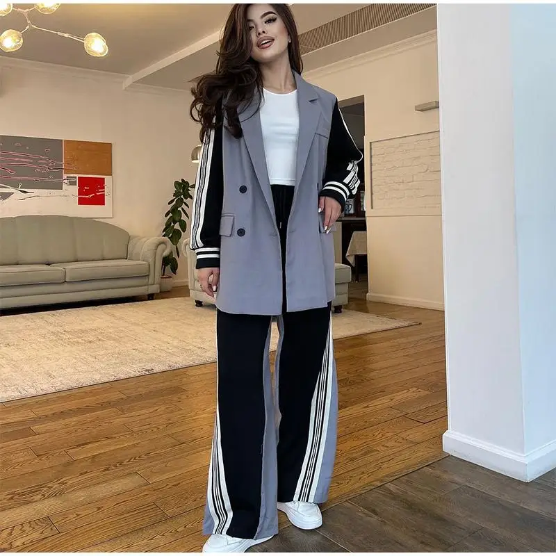 Women Black Contrast Tape Blazer With Straight Pants
