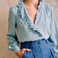 

2022 New Natural Shirt Full Sleeve Thin See Through Shirt Women Blouse High Quality Office Lady Half Open Collar Fashion