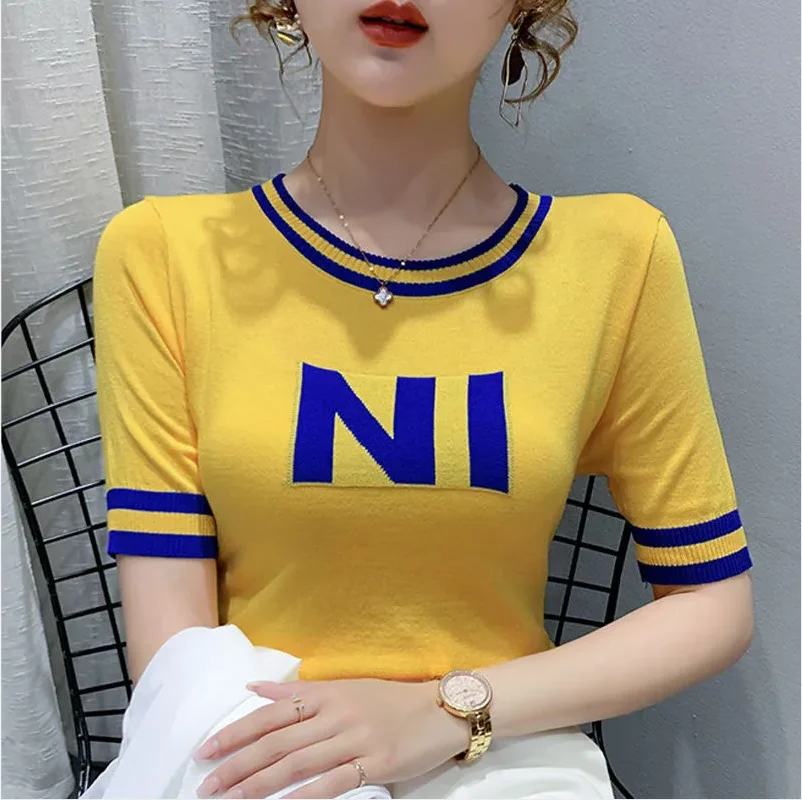 

New Spring Fashion Joker Half A Turtleneck Sweater Female Letter Hitting Scene Splicing Knitted Render Shirts With Short Sleeve