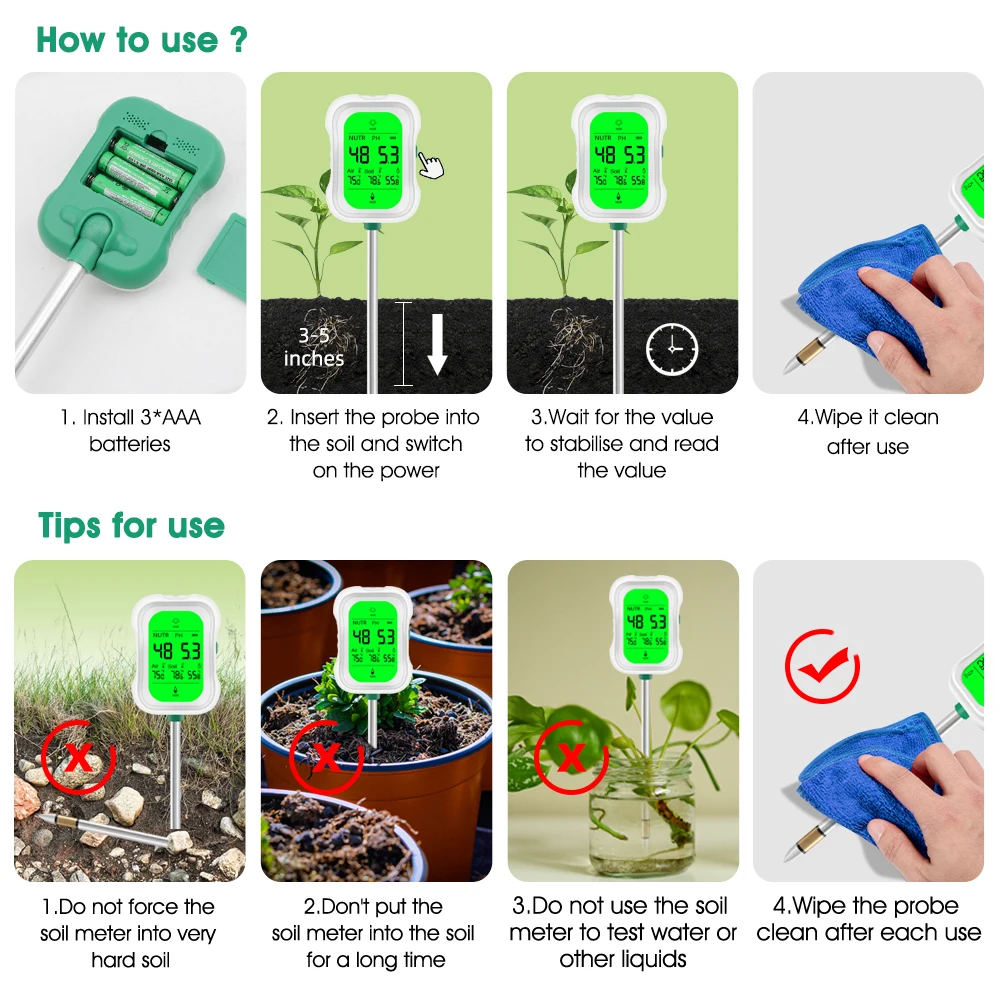 Soil Meter Digital pH Moisture Fertility Light Temp Humidity Analyzer for Garden