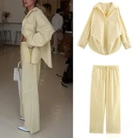 KONDALA Yellow Striped Print Women Suit V Neck Long Sleeve Loose Shirts+High Waist Wide Leg Pants Fashion 2025 Spring Autumn Set