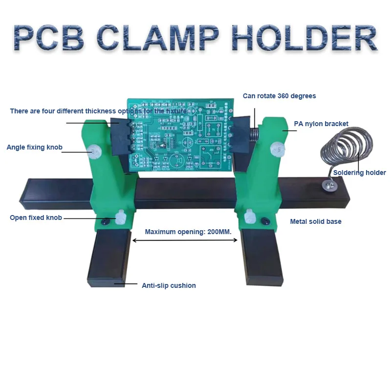Metal PCB holder jig with adjustable rotation on workbench