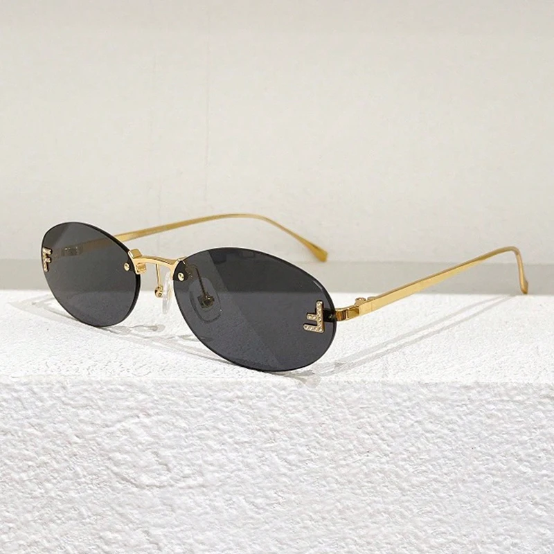 Motorcycle Rectangle Fashion Elegant Oval Sunglasses Male Letter "F" Rimless Sunglasses Female Travel Driving Goggles Unisex