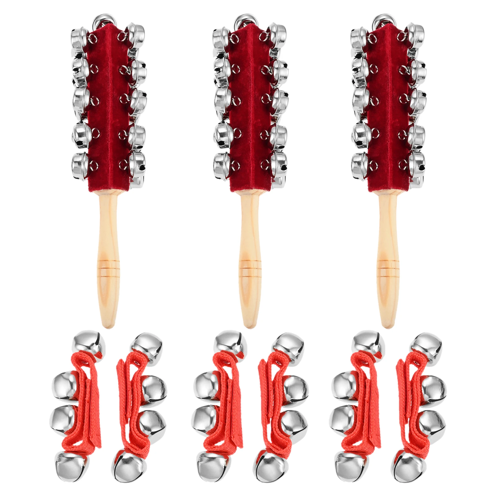 Percussion Bell Kit 9 Pcs Included 6 Pcs of Wrist Bells and 3 of Sleigh Bells Nylon Wood Metal for Diverse Kinds Occasion