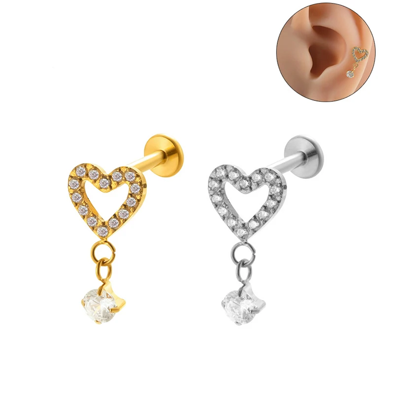 1PC ASTM F136 G23 Titanium CZ Heart Stud Earring Internally Threaded Piercing Labret Stud Tragus 16G Piercing Jewelry Wholesale 6