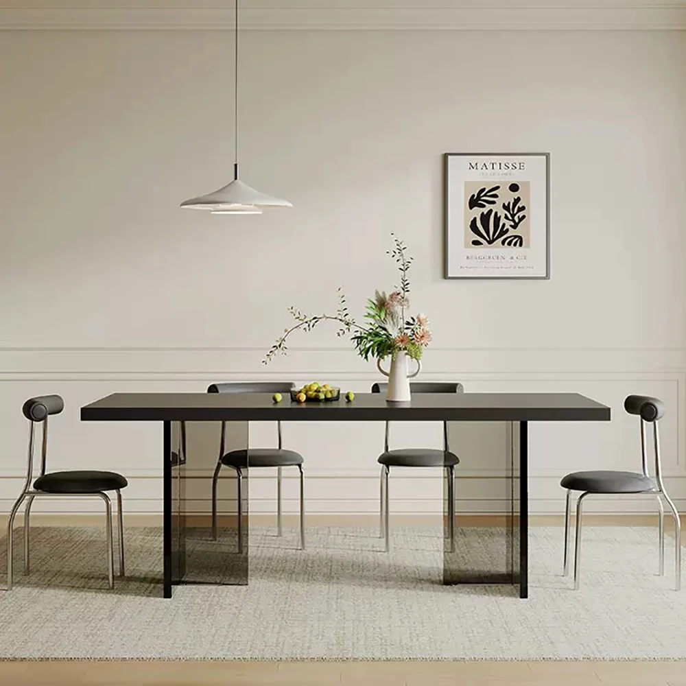 

Pure black light luxury modern simple rectangular acrylic slate dining table