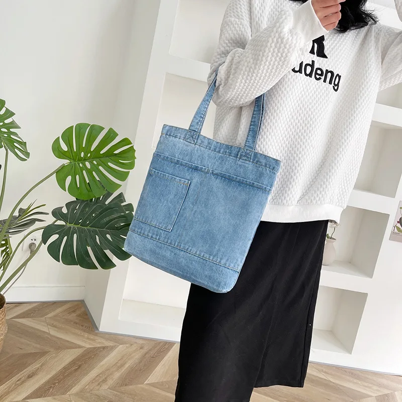 Women's denim shoulder bag with large capacity canvas tote bag suitable for college students' casual shopping crossbody bag