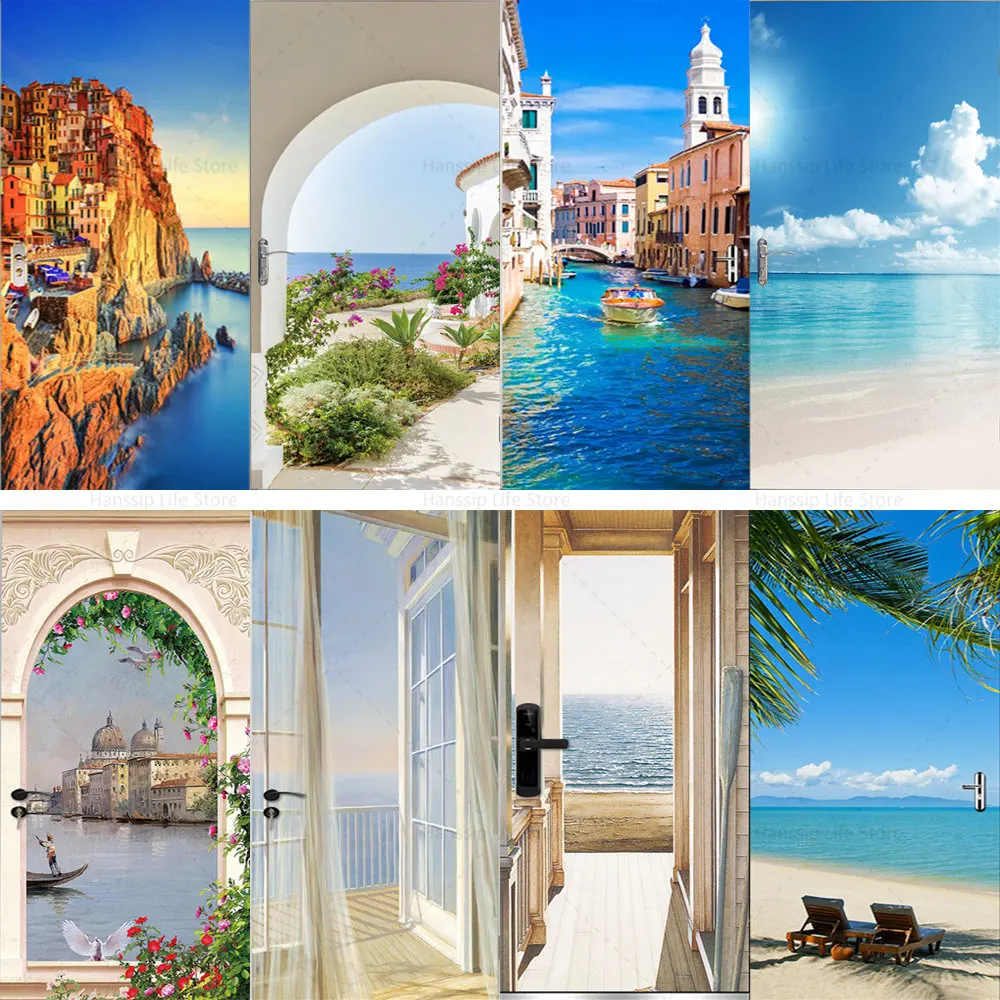 

Seaside Scenery Door Wrap Vinyl PVC Poster Wall Decals Self Adhesive Beach Sky Landscape Door Sticker Mural 3D Wallpaper