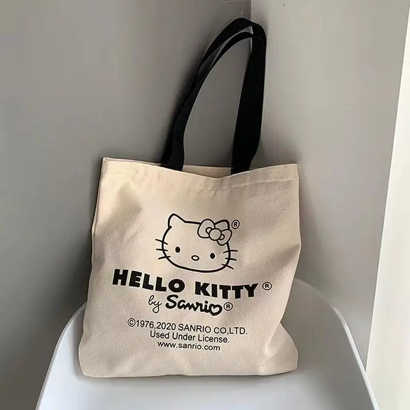 

New Kawaii Miniso Hello Kittys Cute Canvas Bag Simple Large Capacity Student Tutoring Bag Handbag Crossbody for Girl Friend Gift