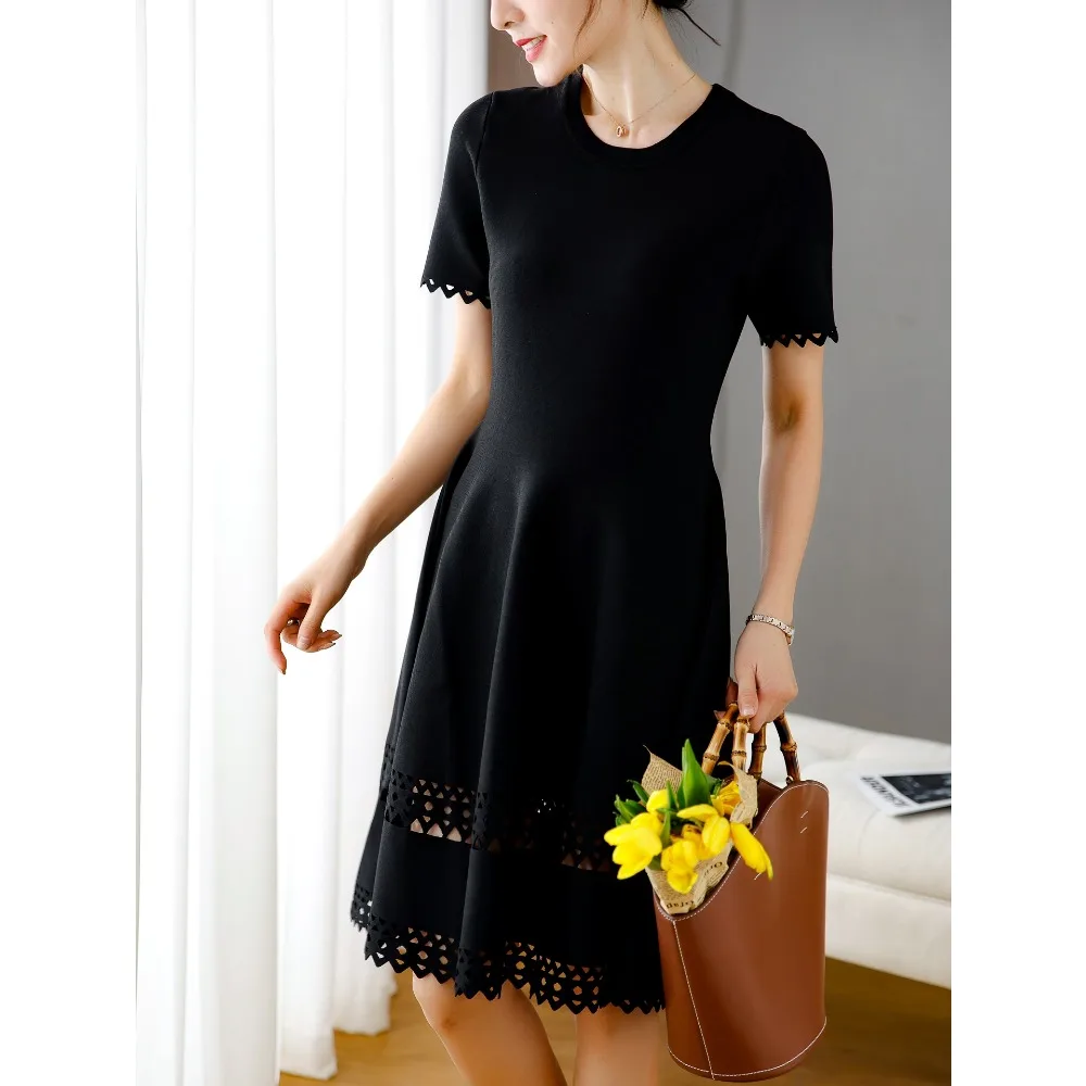 

Gentle Slim Hollow Jacquard Knit Dress Round Neck Simple Elegant Temperament 2023 Summer New Versatile Women's Large Hem A05560