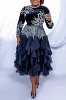 Plus Size Mother Of The Bride Midi Dresses Elegant Black Fall Winter Crew Neck Long Sleeve Rhinestone Velvet Midi Dresses - Image 2