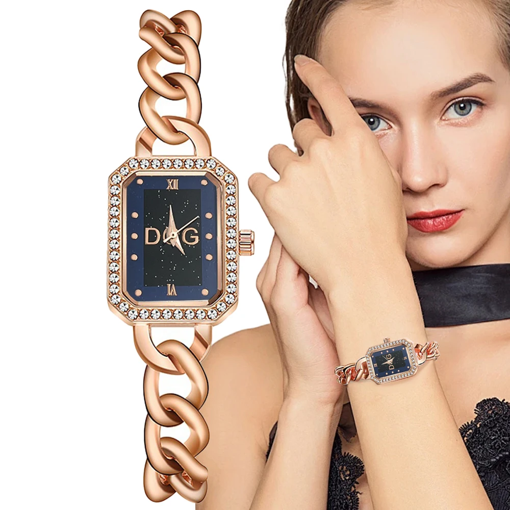 

Fashion 2024 New DQG Brand Ladies Square Roman Simple Diamonds Quartz Watch Casual Rose Gold Bracelet Women's Clock Wristwatch
