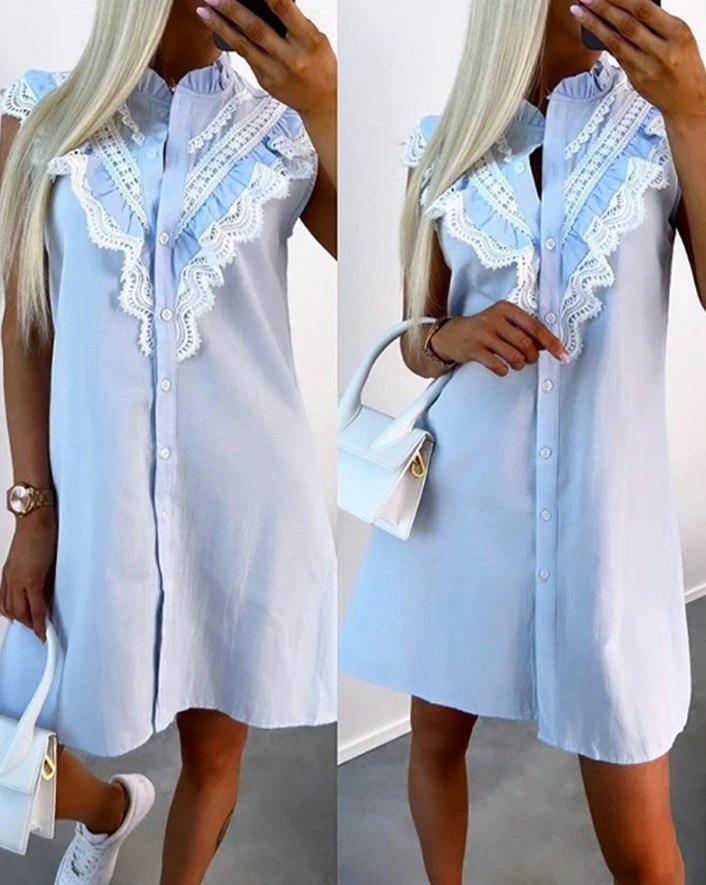 

Fashionable Women's Shirt Dress 2024 Summer Lace Trim Frill Hem Casual Dress Sleeveless Stand Collar Button Loose Fitting Dress