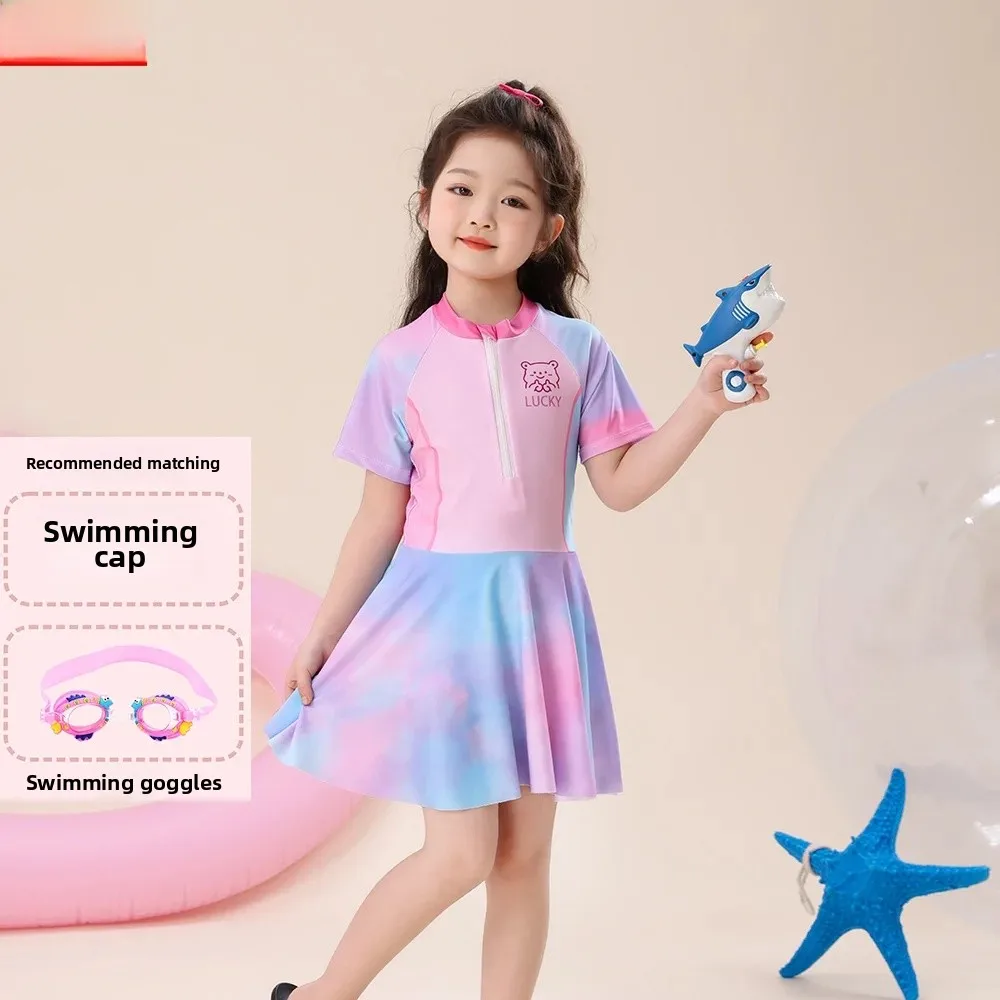 A9813 pink colorful swimsuit + swimming cap + goggles