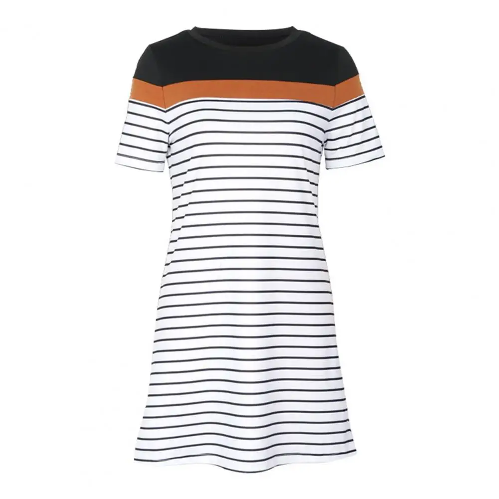 

Contrast Color Dress Striped Print Summer Dress with Short Sleeves O Neck for Women Breathable Above Knee Length Mini Dress Soft