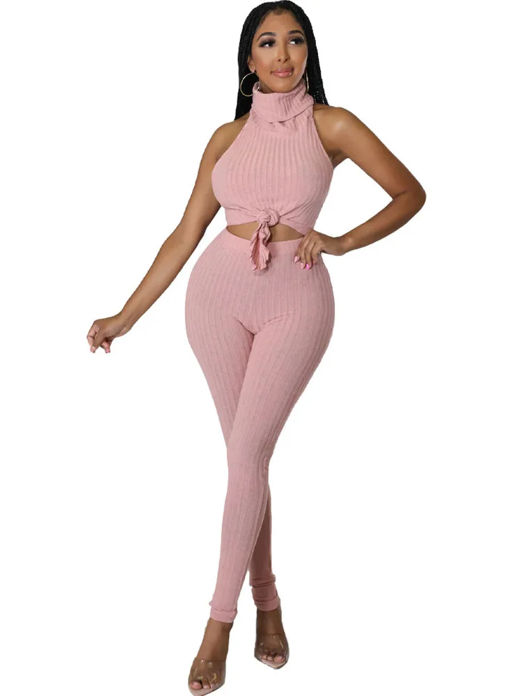 

Sexy Knit Ribbed Two Piece Halter Set Asymmetrical Turtleneck Backless Tops And Pants Women Sleeveless Club Outfits Party Sets