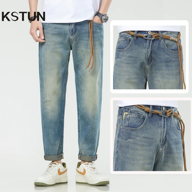 

Harem Jeans Men Loose Fit 100% Cotton Men's Cropped Pants Ankle Length Retro Blue Fashion Sashes Designer Tapered High Quality