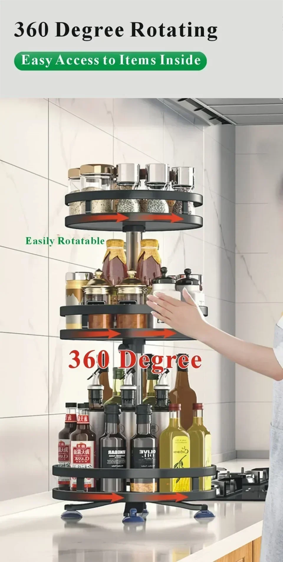 Description Picture 6 of itemNon-slip Carbon Steel Rotating Tray - 360° Spice Rack, Multifunctional Seasoning and Spice Kitchen Cabinet