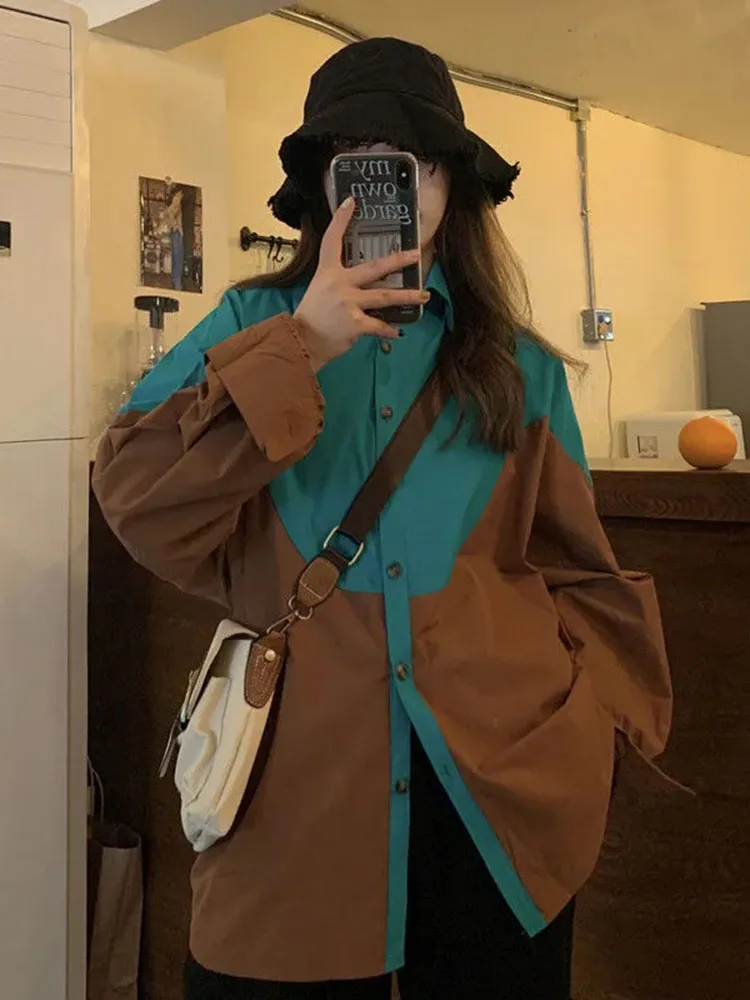 

Zoki ретро Harajuku Лоскутная рубашка из чистого хлопка Женская модная Свободная блузка оверсайз с длинным рукавом Уличная одежда повседневные женские топы