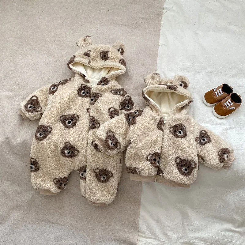 

INS Winter Baby Romper 0-3Yrs Newborn Boy Girl Long Sleeve Zipper Hooded Cartoon Bear Fleece Thicken Warm Jumpsuit Coat Outwear