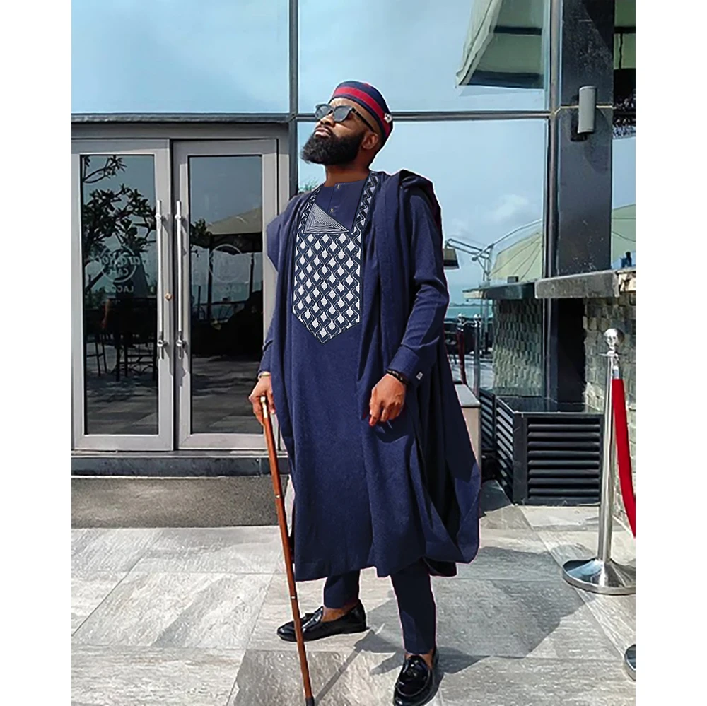 HD African Men's Agbada 3-Piece Outfit - Embroidered Dashiki, Shirt, And Pants Set (Multiple Colors)