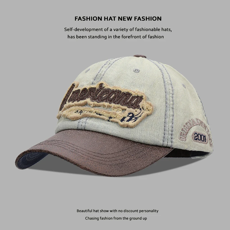 

Retro Color Matching Peaked Cap Women's Wide Brim Spring and Summer Face-Looking Denim Distressed Baseball Cap Men