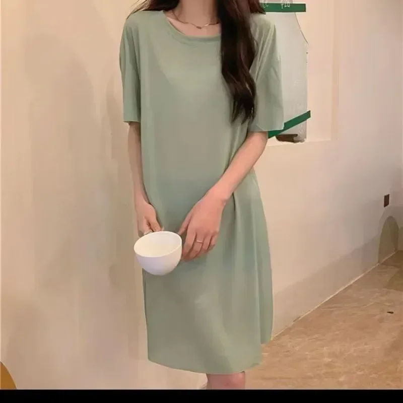

Neck Sleeve Plus Short Length Silk Soft Pajamas Loose Sleepwear Home Simple Casual Women's Nightwear Mid Clothes Size Ice