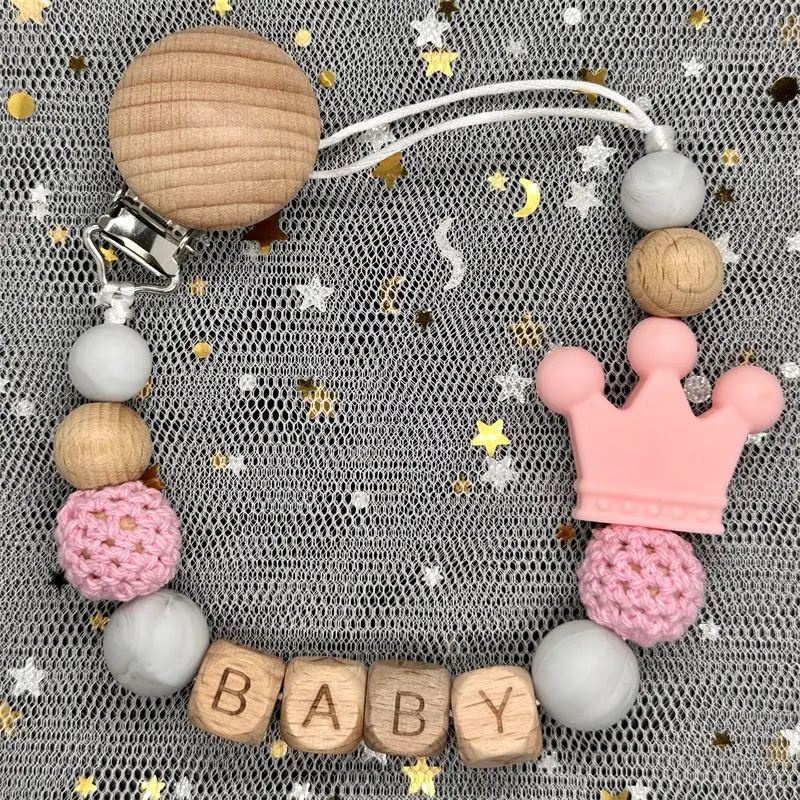 Name Personalise Beech Baby Boy Girl Pacifier Clips Holder Chain Chew Silicone Crown Infant Newborn Teether Teething Gift pacifier clip pacifier chain pacifier accessories teether clip baby silicone accessories