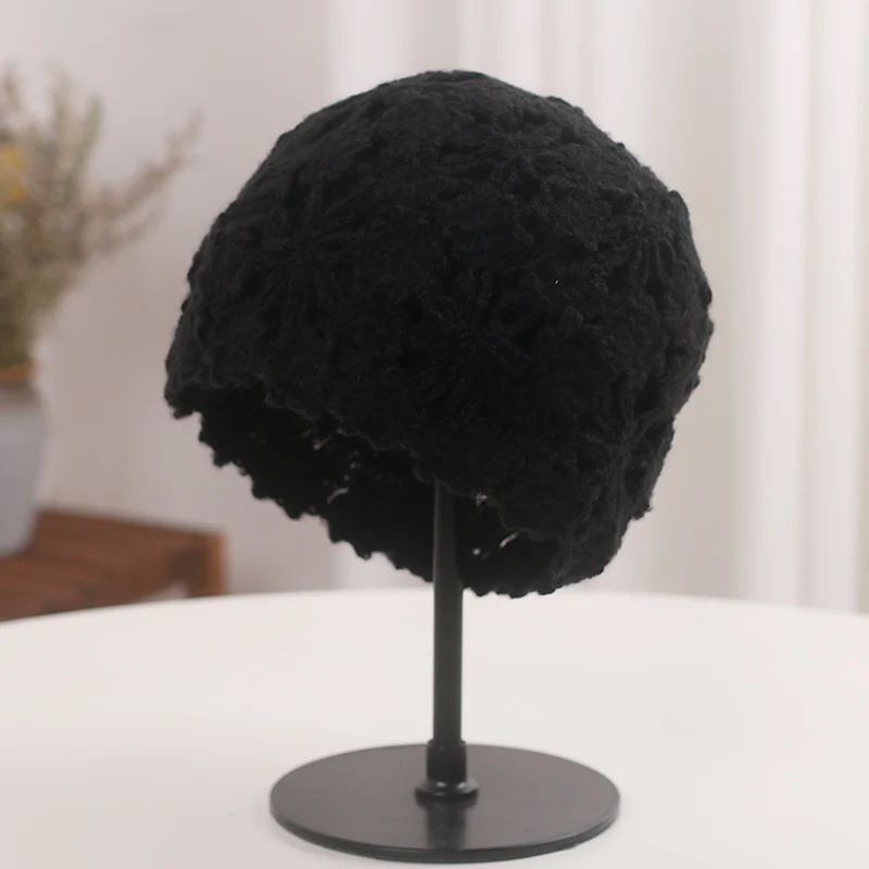 Chic Knitted Hat Winter Women's Retro Literature Art Crochet Flower Hollow Out Cap Women Fashion Beret Woolen Cap Japanese Style 4