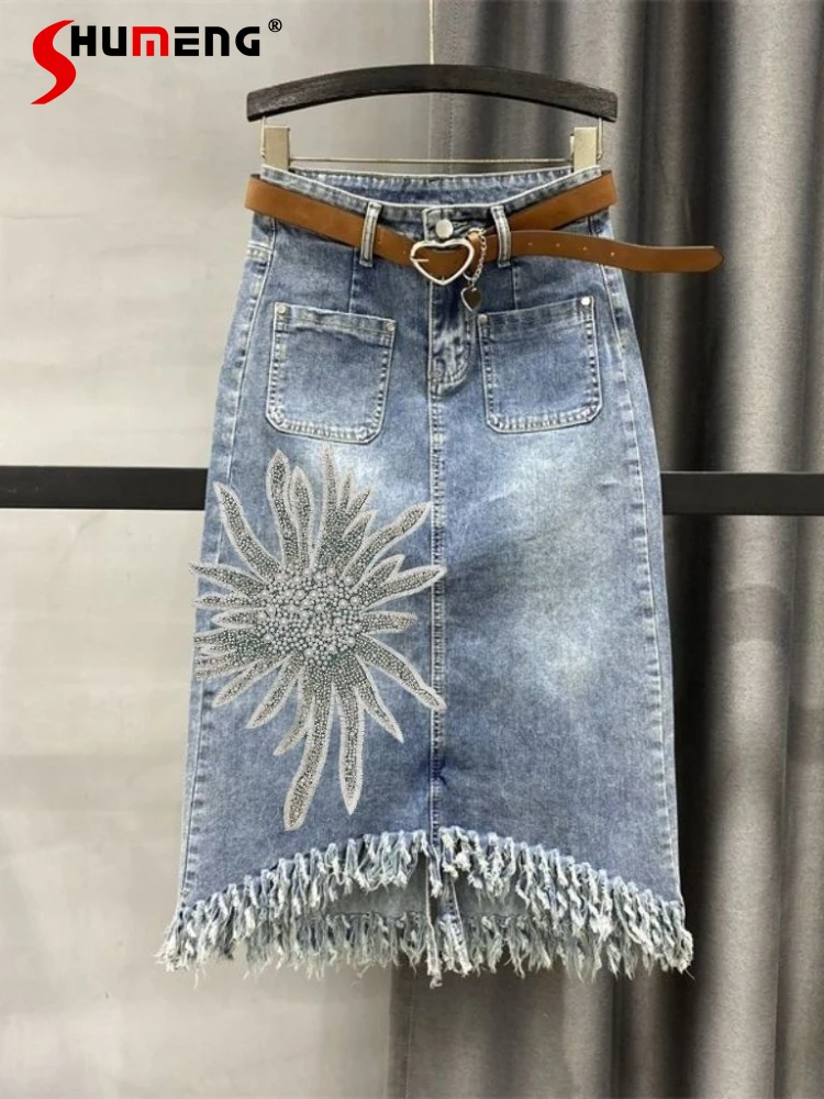 Exquisite Rhinestone Flower Tassel Denim Skirt Women 2023 Spring and Autumn High Waist Elastic Slim Fit Mid-Length Hip Skirt high waist pu faux leather women skirt rhinestone elegant high waist leather pencil mini skirt pearl fashion streetwear ydl27