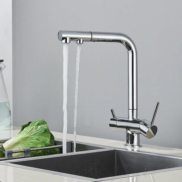 Chrome Brass Pull Out Filtered Kitchen Faucet Dual Handle Hot Cold Drinking Water 3-Way Filter Purification Mixer Taps 4