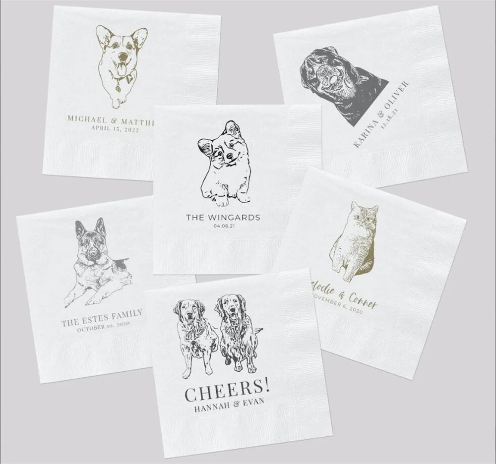 Pet Cocktail Napkins 50PCS For Weddings and Special Events-Personalized Wedding Napkins with Dog or Cat Illustrations