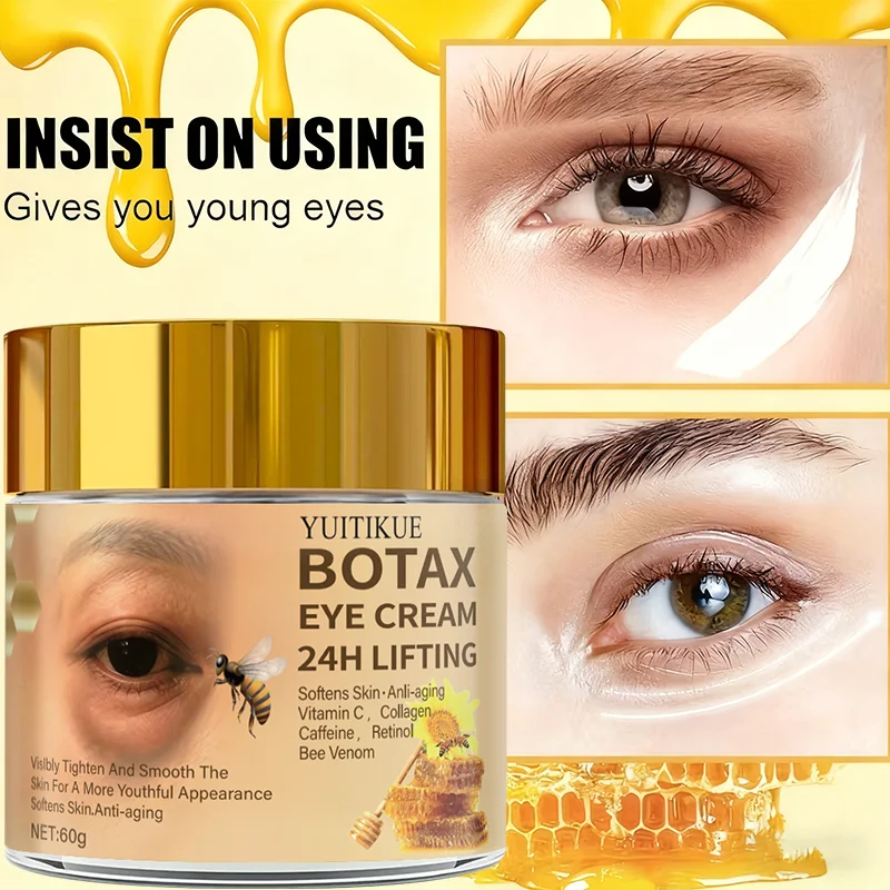 Firming eye cream noticeably tightens and smooths the skin, with vitamin C, collagen, caffeine, retinol, and bee venom.