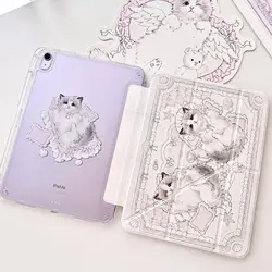 Kawaii Pink Cat iPad Case - Cute Transparent Acrylic Y - Fold Cover with Pencil Slot - IPadAir3 10.5in (B)