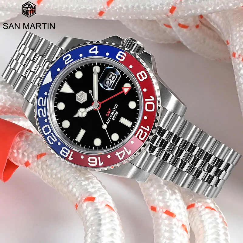 

San Martin GMT Luxury Men Diver Watch Jubilee Sapphire Cyclops Waterproof 20Bar BGW-9 Luminous Automatic Mechanical Wristwatch