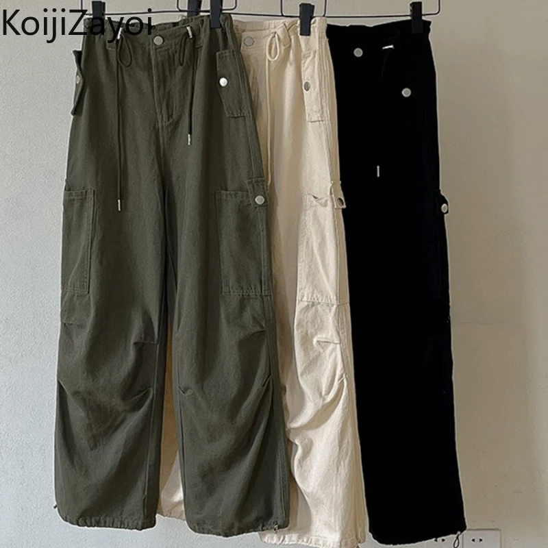 

Koijizayoi Women Solid Cargo Pant Lady High Waist Multi Pocket Loose Pant Spring Autumn Chic High Waist Trousers 2022 Bottom