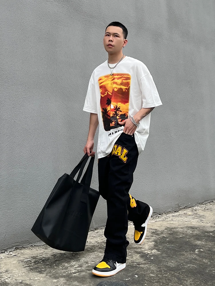 Men's High Street Embroidered Letter Straight Barrel Micro Flare Pants Hip Hop Harajuku Y2K Punk Jeans