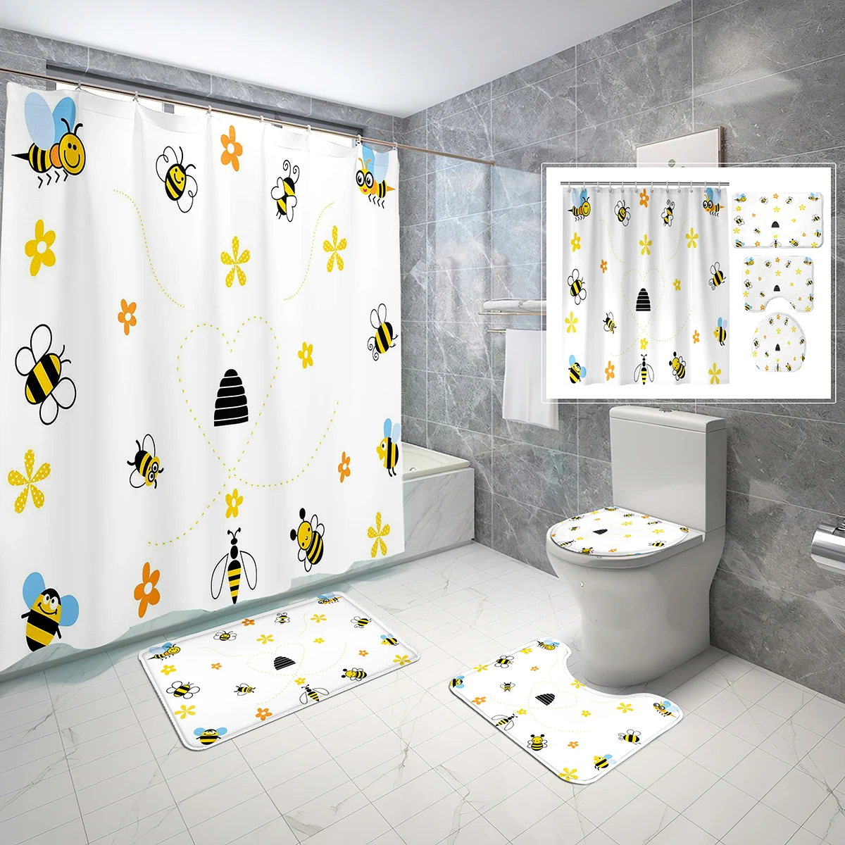 

Bee Shower Curtain Sets 4 Pcs with Non-Slip Rugs Mat Toilet Lid Cute Cartoon Insects Bumble Waterproof Shower Curtain Set