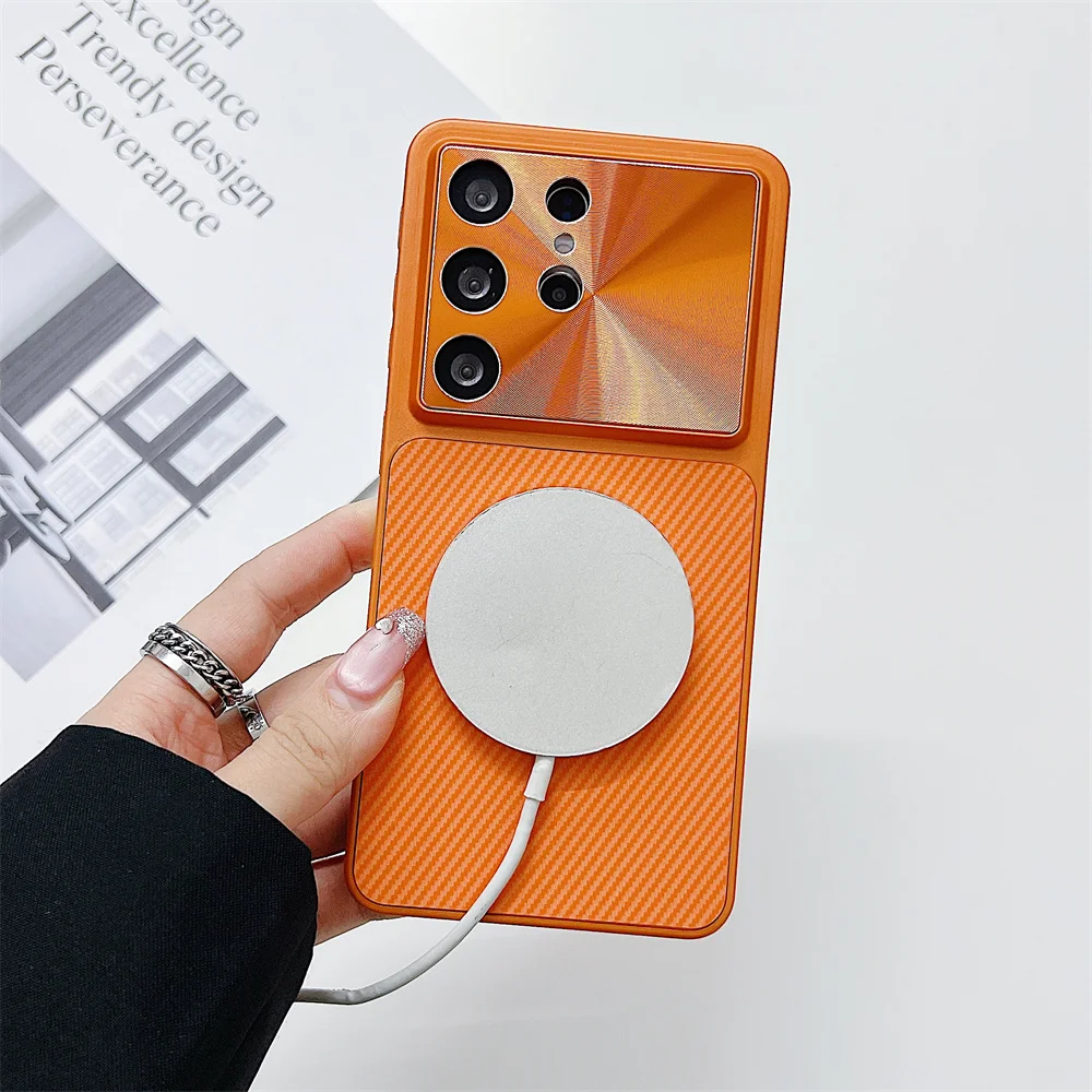 Deluxe Carbon Fiber Magnetic Phone Case with Aurora Lens and Camera Protection - Shockproof Design
