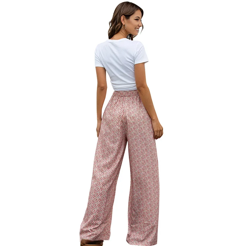 Ladies Summer Floral Print Wide Leg Belt Trousers Ladies Holiday Beach Casual Loose Women's Clothing Vintage Streetwear Trousers