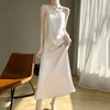 2025 New Model One Collar French High-end Silk Camisole Dress.  Solid Color Base Long Skirt 4
