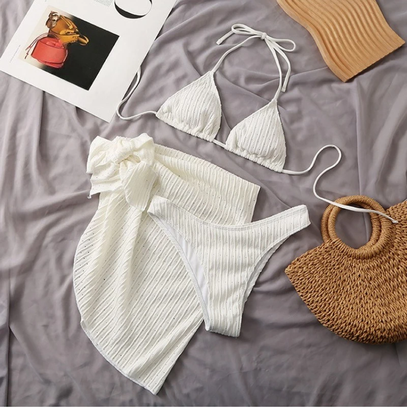 2025 Summer Halter Bikini 3 Pieces sets Women swimsuit Sexy Thong Swimwear With Sarong Skirt White Beachwear купальник женский