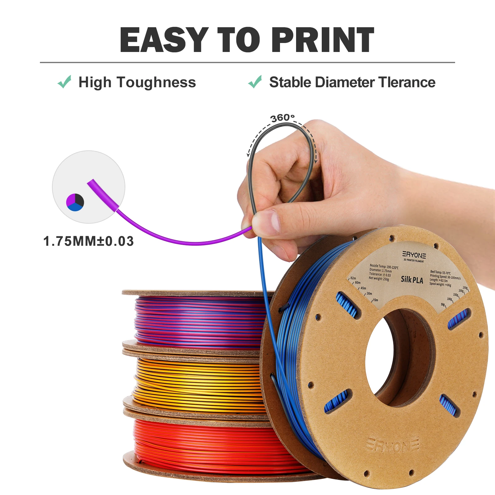 ERYONE Tri Colors Silk PLA Filament For FDM 3D Printer 1.75mm &plusmn;0.03 200g 3d printing filament