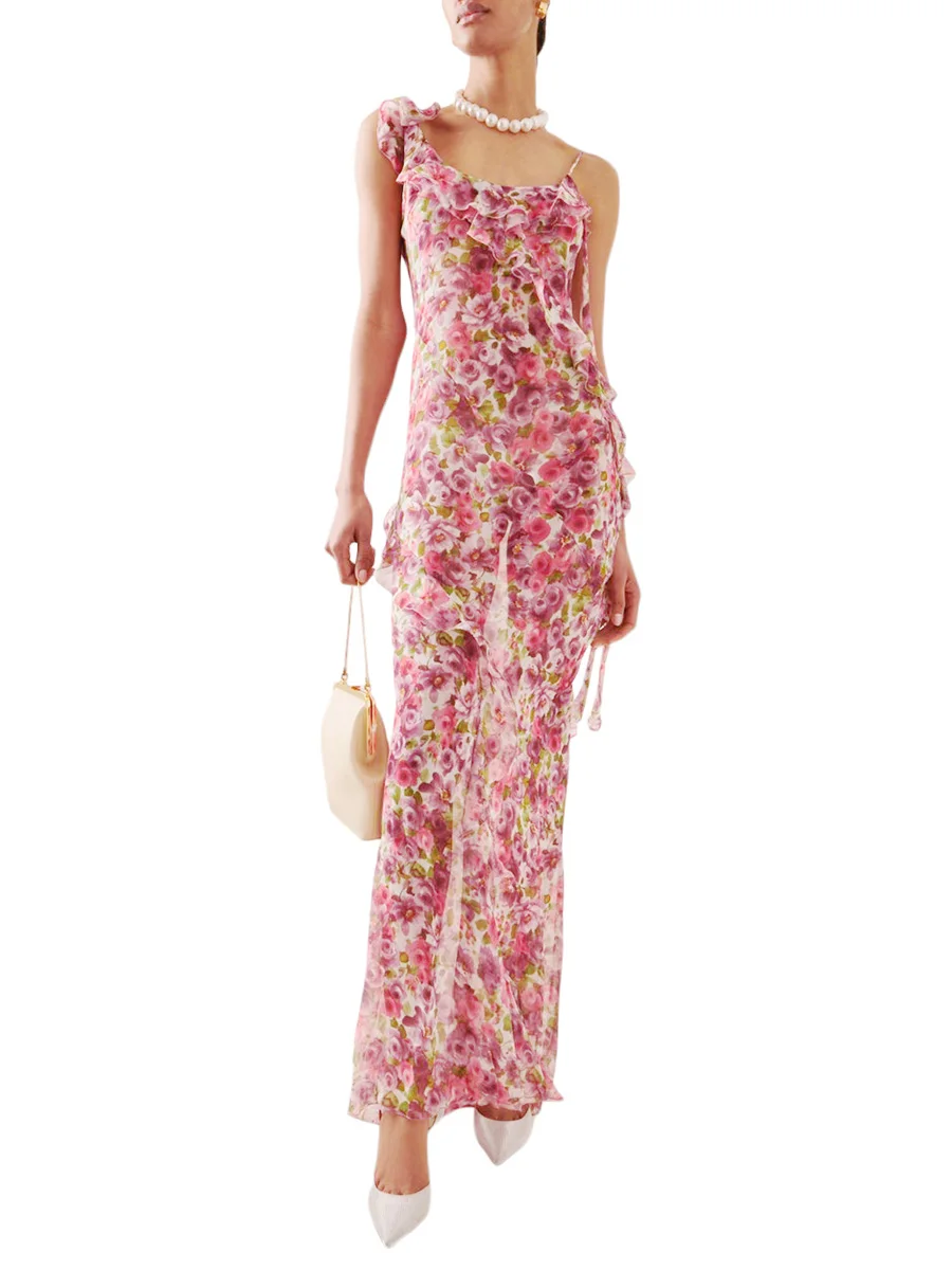 

Women Casual Beach Style Y2K Sling Dress Sleeveless Backless Ruffled Flower Print Summer Camisole Long Dress for Cocktail Party
