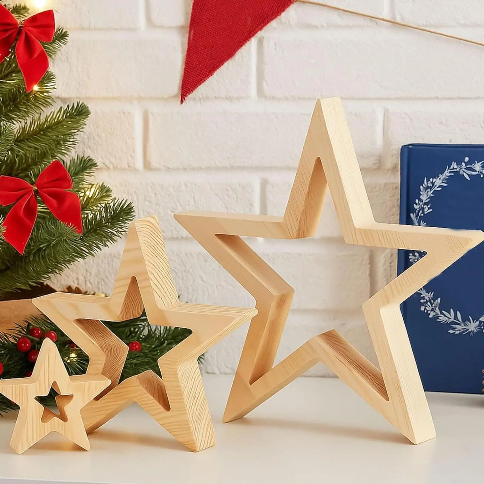Christmas Star Table Centerpiece 3 Pieces Holiday Festive Decoration Christmas Tabletop Decor Centerpiece Wooden Star For Desk