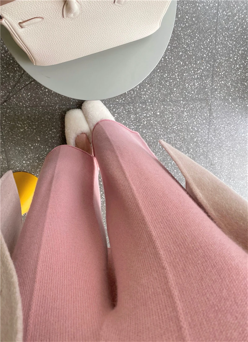 2023 Autumn Woman Trousers High Waist Floor-Length Female Knitting Pants Solid Color Office Lady Elegant Wide Leg Straight Pants 2023 autumn pregnant women belly pants striped patchwork knitting wide leg trousers for maternity loose winter woolen trousers