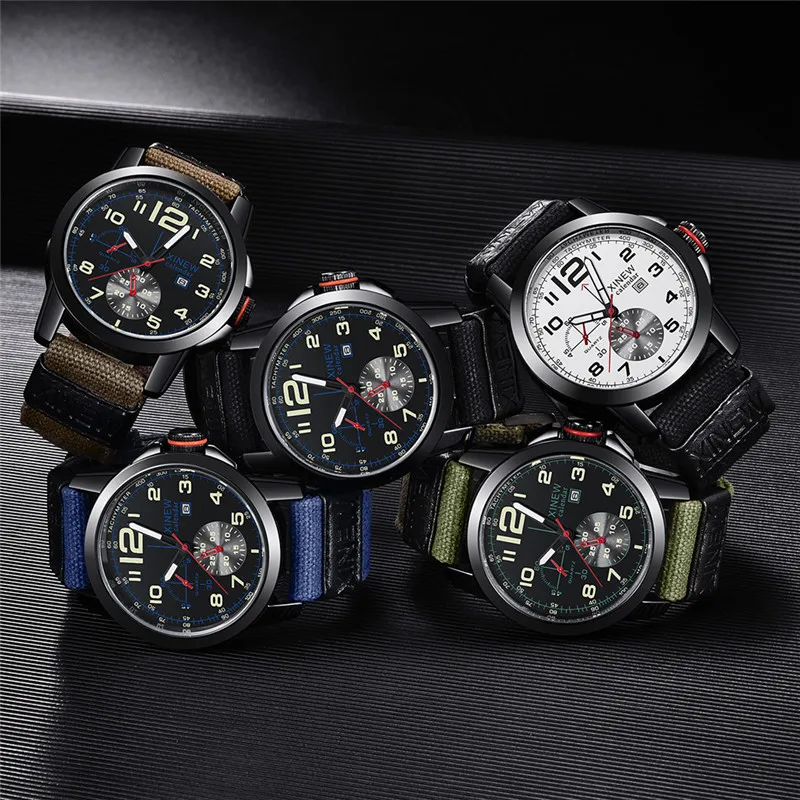 Men Big Brand XINEW Watches Fashion Nylon Band Simple Military Sports Date Quartz Vintage Watch Black Relogios Masculinos 2024
