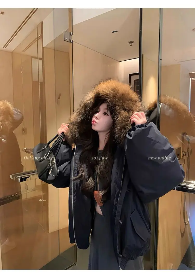 YYAHAHAS 2025 Winter New Cow Horn Button Thick Cotton Coat Retro American Warm Fur Collar Hooded Jacket Female Clothing