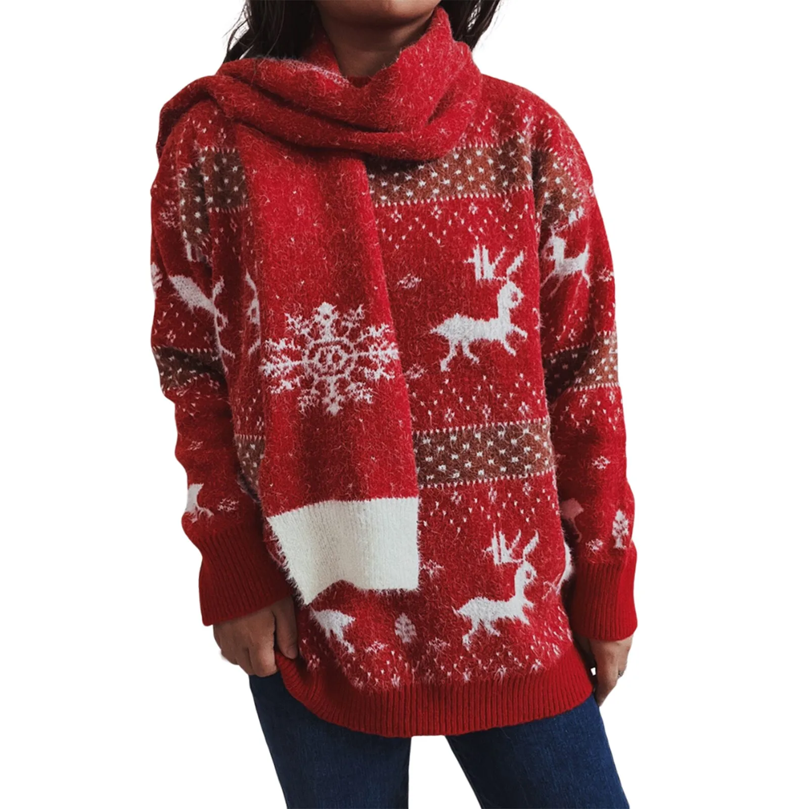 

Sweaters for Cold Weather Women Women's Fashion Round Neck Long Sleeve Deer Snowflake Jacquard Christmas Sweater Scarf Two Piece